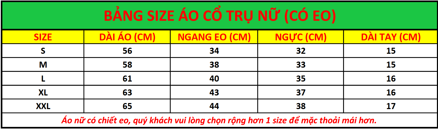 bảng size áo cổ trụ nữ có eo